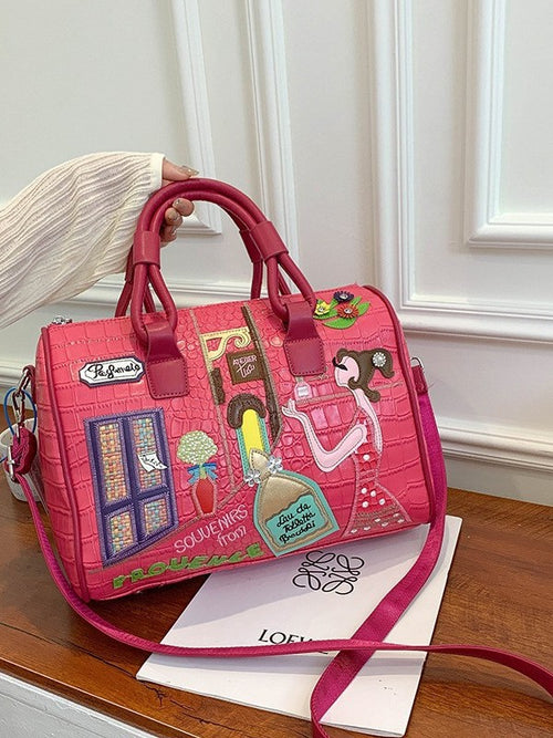 Bag Women's New Handbag Crossbody Bag Embroidered Zipper Stitching Boston Bag Pillow Bag Large Capacity High-class Sense