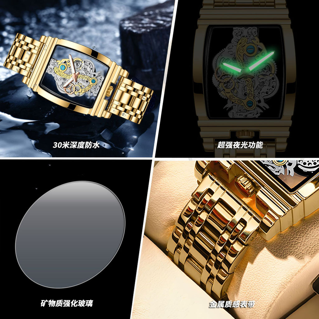 Fashion Wine Barrel Motorcycle Gear Strip Hollow Watch Tourbillon Leather Watch Men's Personalized Waterproof Luminous