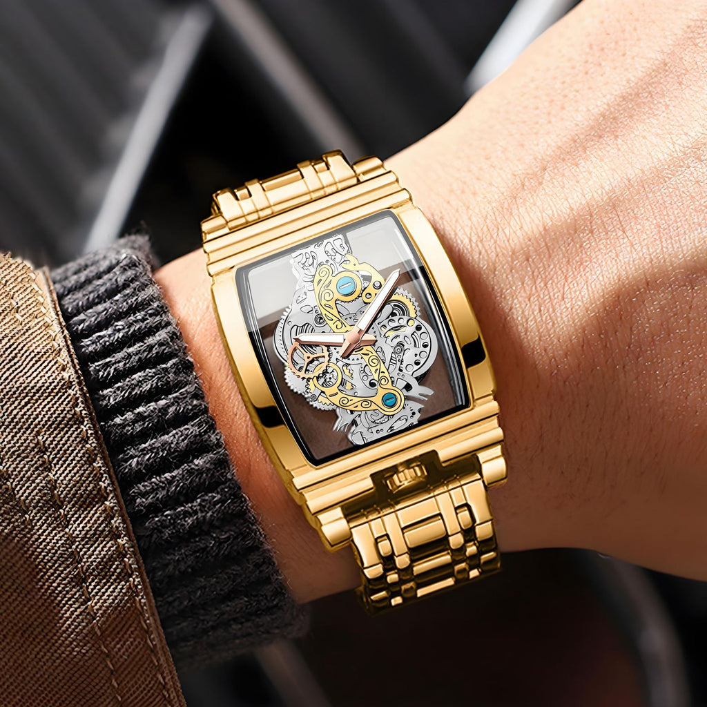Fashion Wine Barrel Motorcycle Gear Strip Hollow Watch Tourbillon Leather Watch Men's Personalized Waterproof Luminous