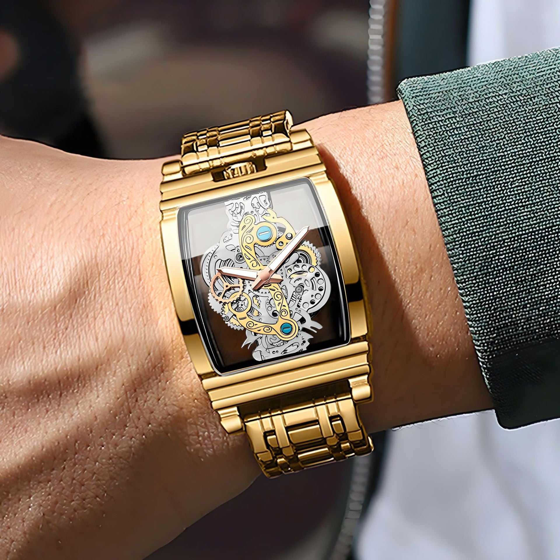 Fashion Wine Barrel Motorcycle Gear Strip Hollow Watch Tourbillon Leather Watch Men's Personalized Waterproof Luminous